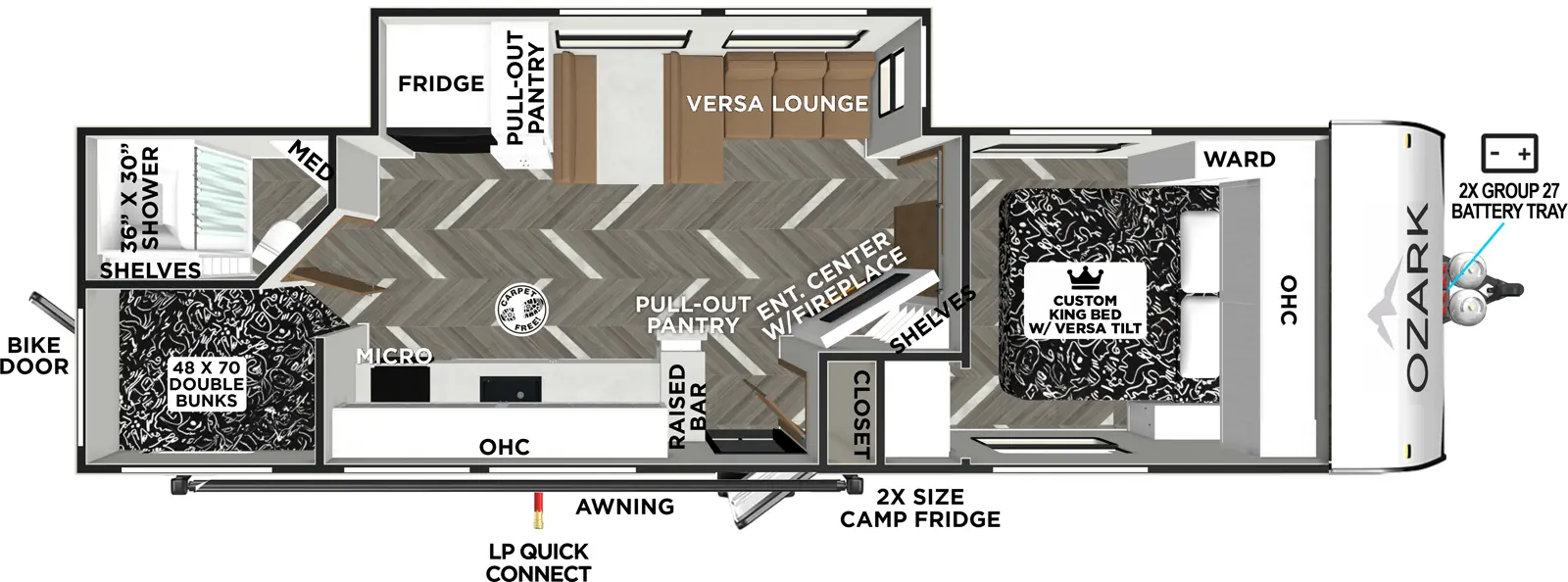 The Ozark 2690BHK floorplan has one entry and one slide out. Exterior features include: fiberglass exterior. Interiors features include: bunk beds and front bedroom.